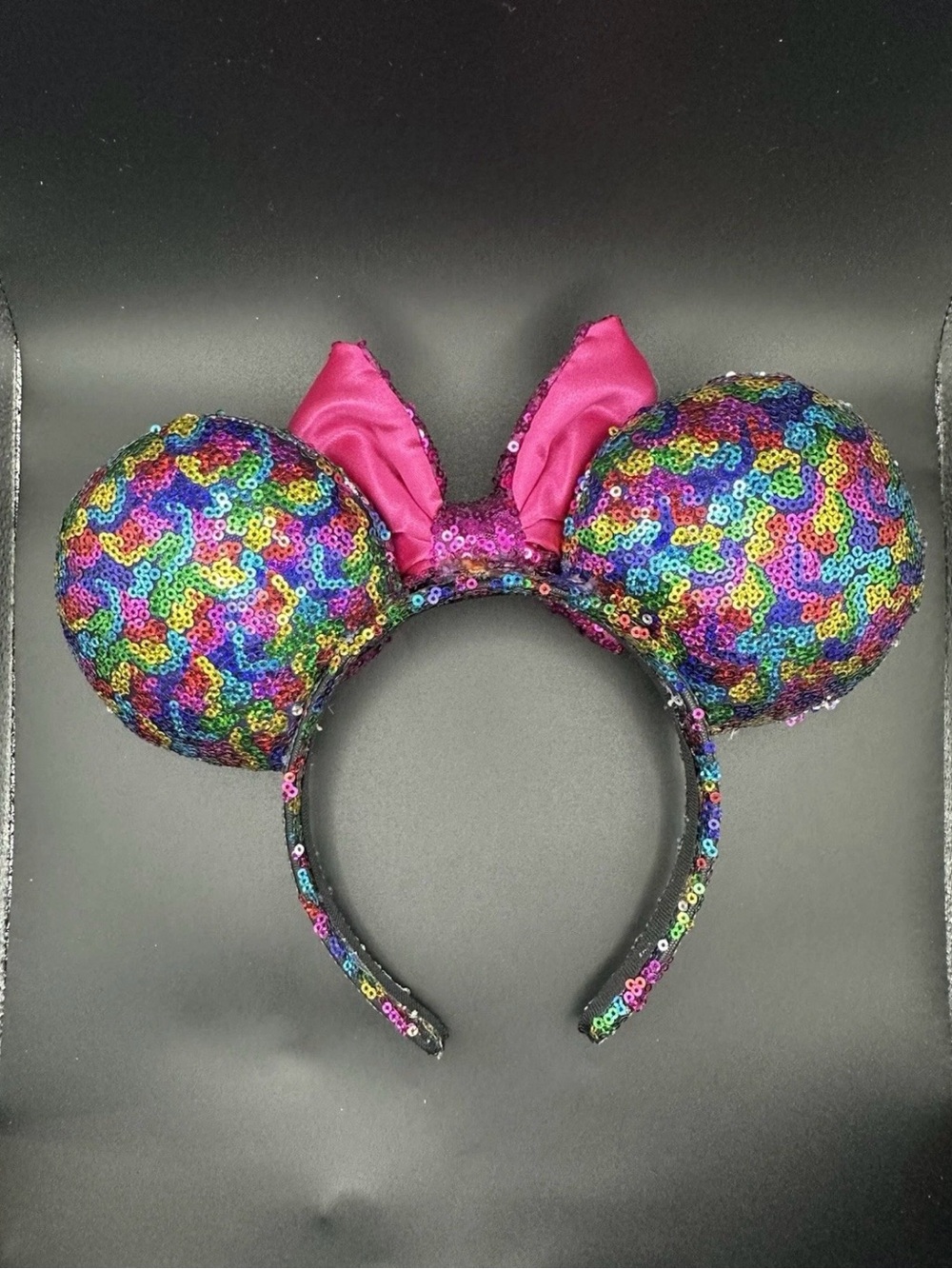 Sequin Rainbow Mouse Ear Headband with Pink Bow from Etsy